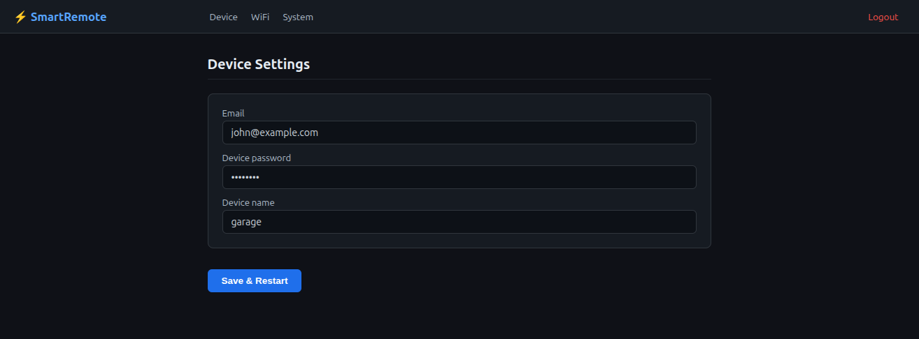 SmartRemote device settings page showing Email, Device password and Device name fields