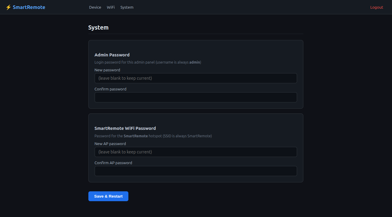 SmartRemote system settings page showing Admin Password and SmartRemote WiFi Password sections