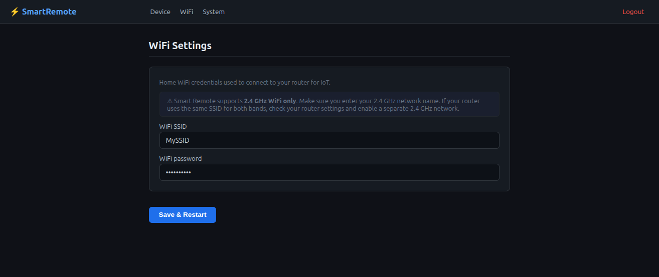SmartRemote WiFi settings page showing SSID and password fields